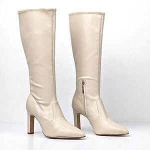 Larroude Women Christy Iced Ivory Faux Leather Pointy Toe Block Knee Boots sz 10